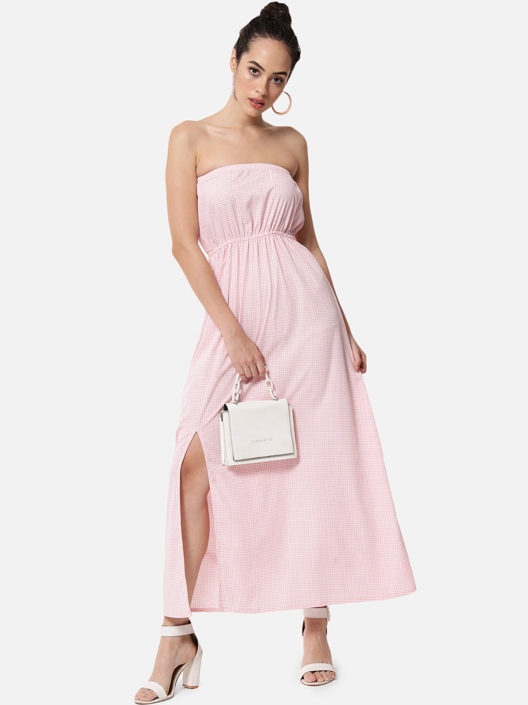 Pink Houndstooth Printed Sleeveless Tube Dress for Women