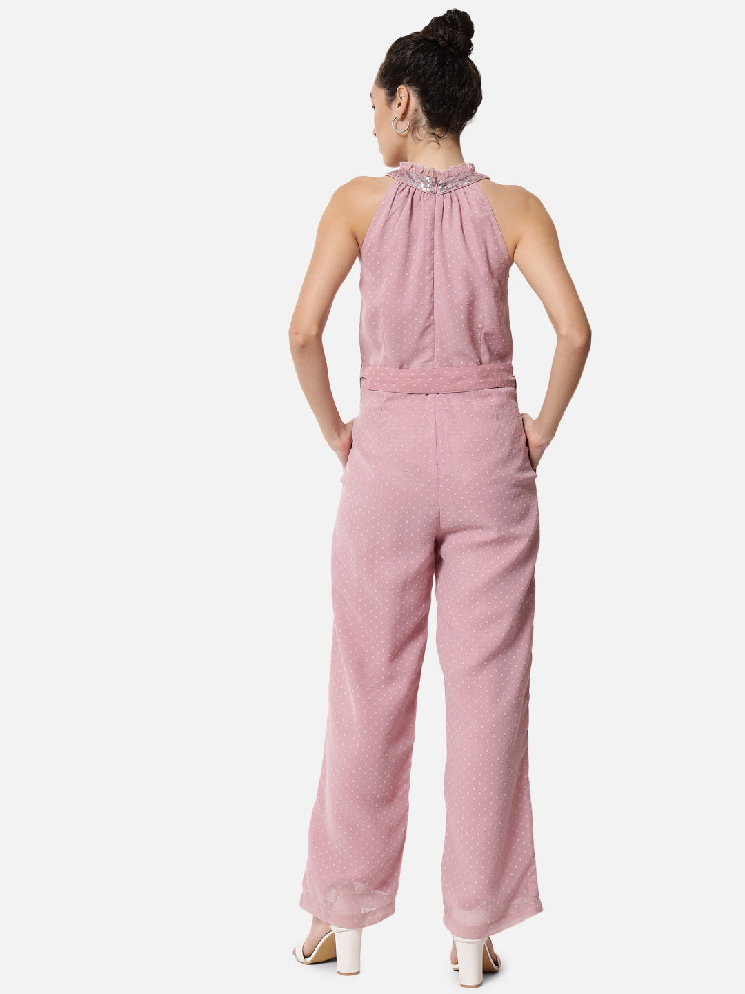 Pink Swiss Dot Sleeveless Jumpsuit for Women