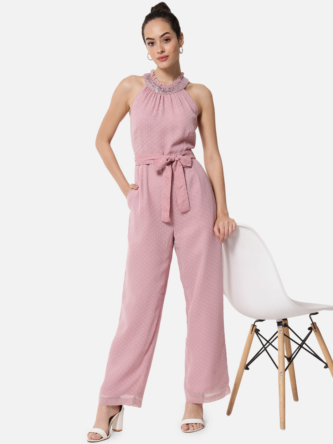 Pink Swiss Dot Sleeveless Jumpsuit for Women
