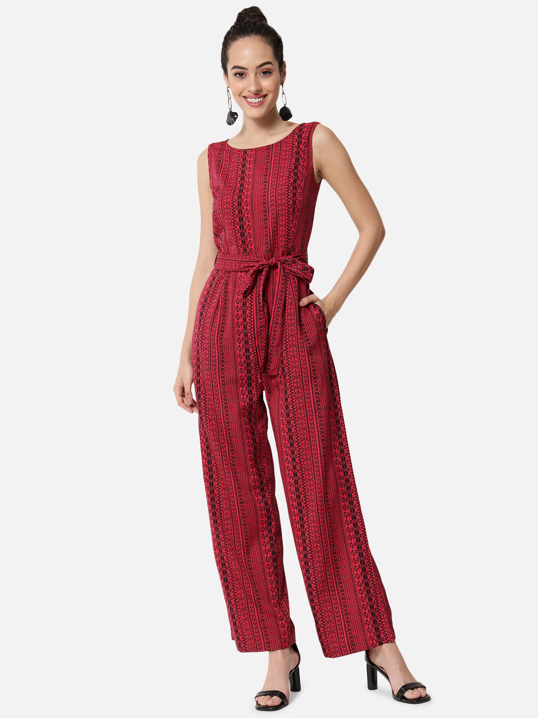Printed Red Sleeveless Jumpsuit for Women