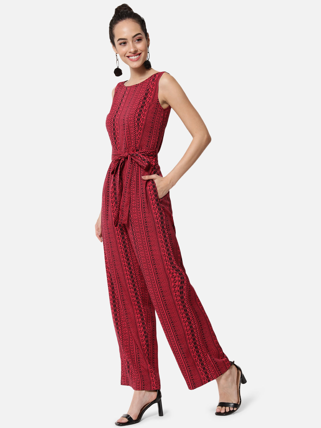 Printed Red Sleeveless Jumpsuit for Women