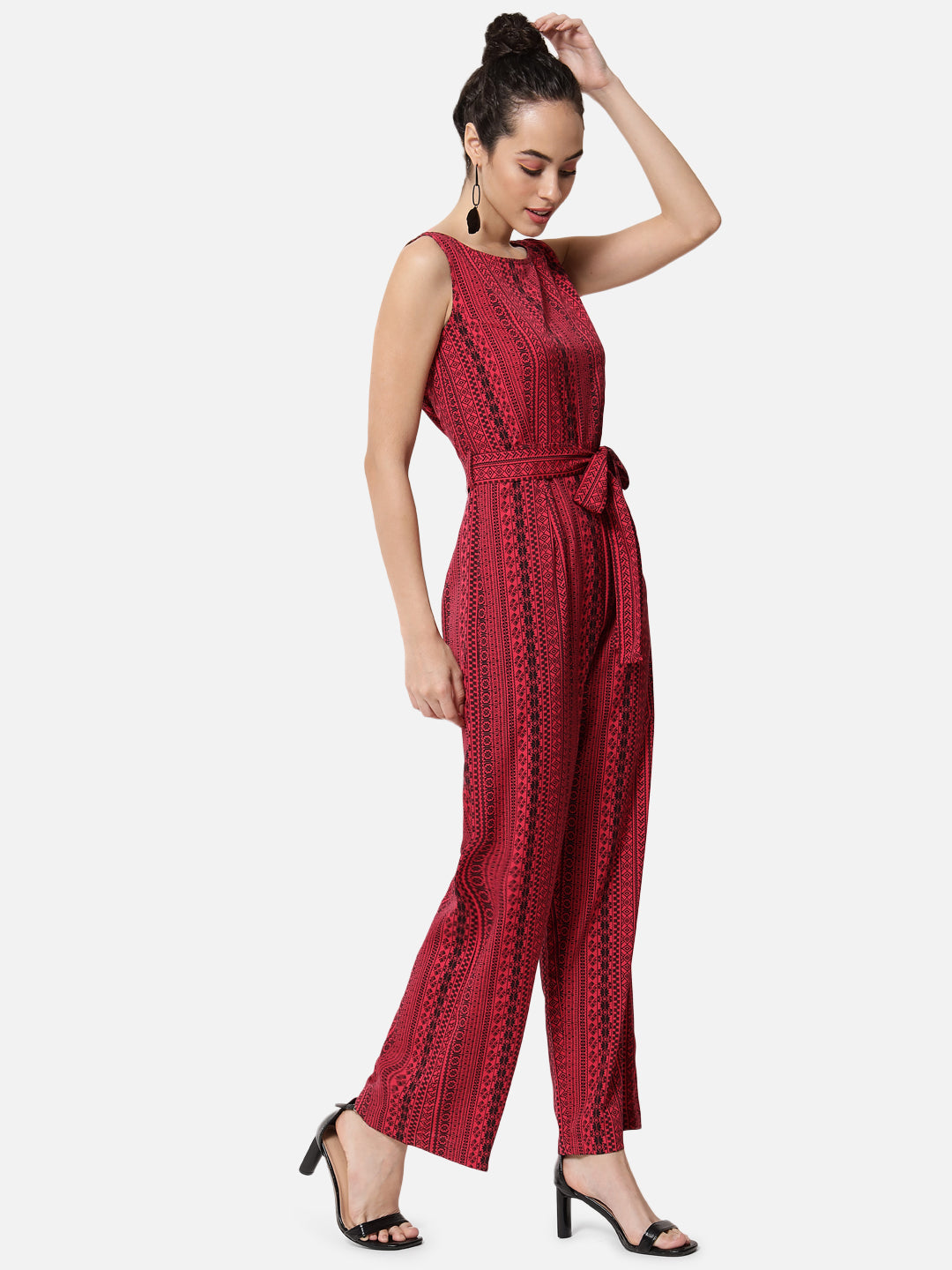 Printed Red Sleeveless Jumpsuit for Women