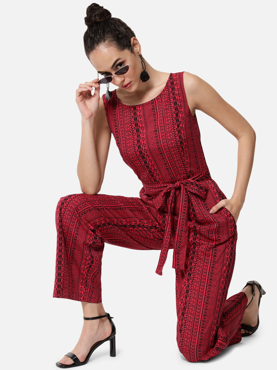 Printed Red Sleeveless Jumpsuit for Women