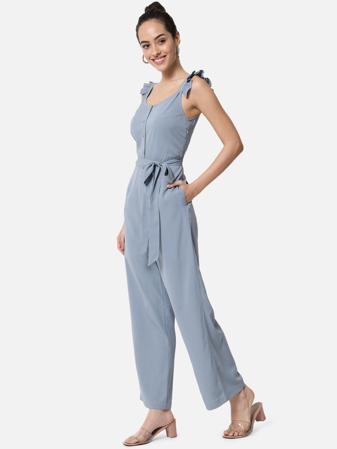 Solid Light Blue Sleeveless Jumpsuit for Women