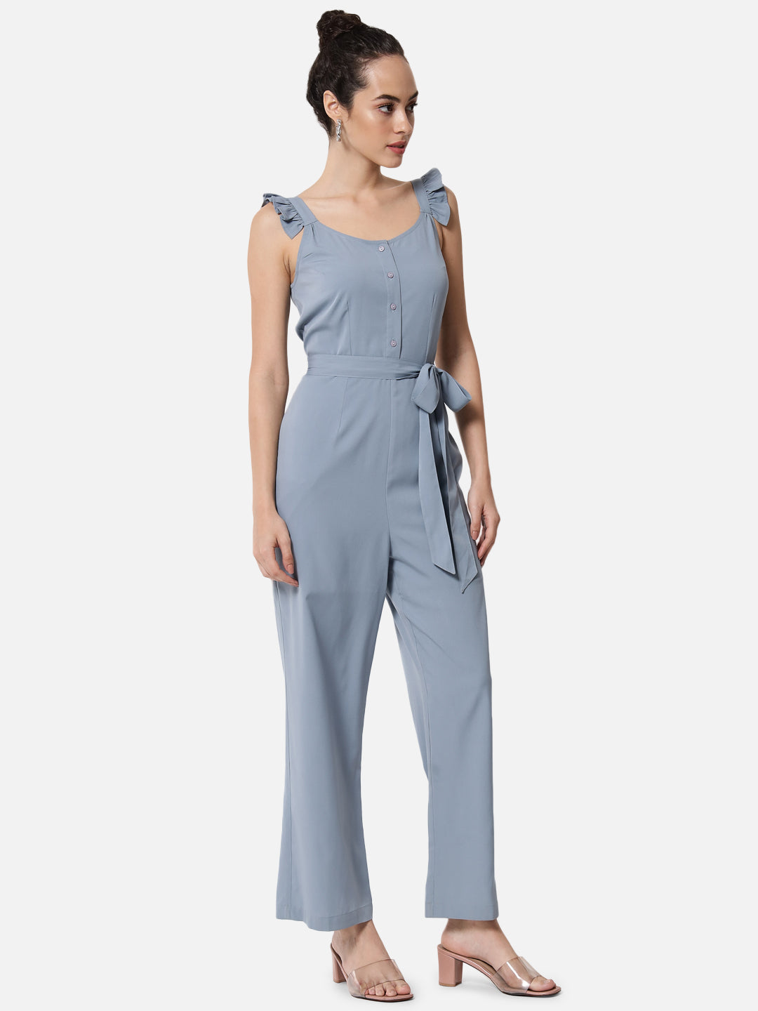 Solid Light Blue Sleeveless Jumpsuit for Women
