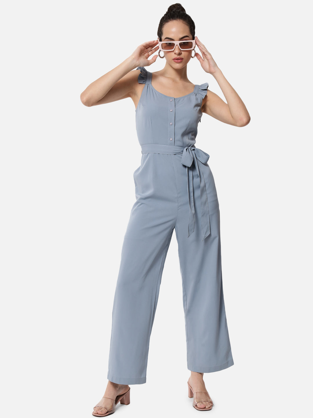 Solid Light Blue Sleeveless Jumpsuit for Women