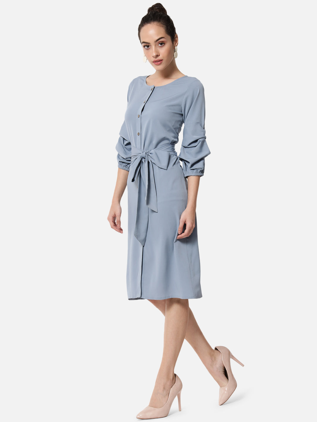 Solid Light Blue Knee Length Dress for Women