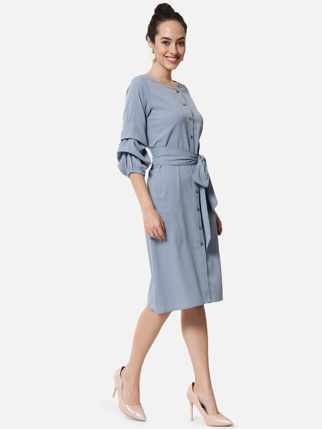 Solid Light Blue Knee Length Dress for Women