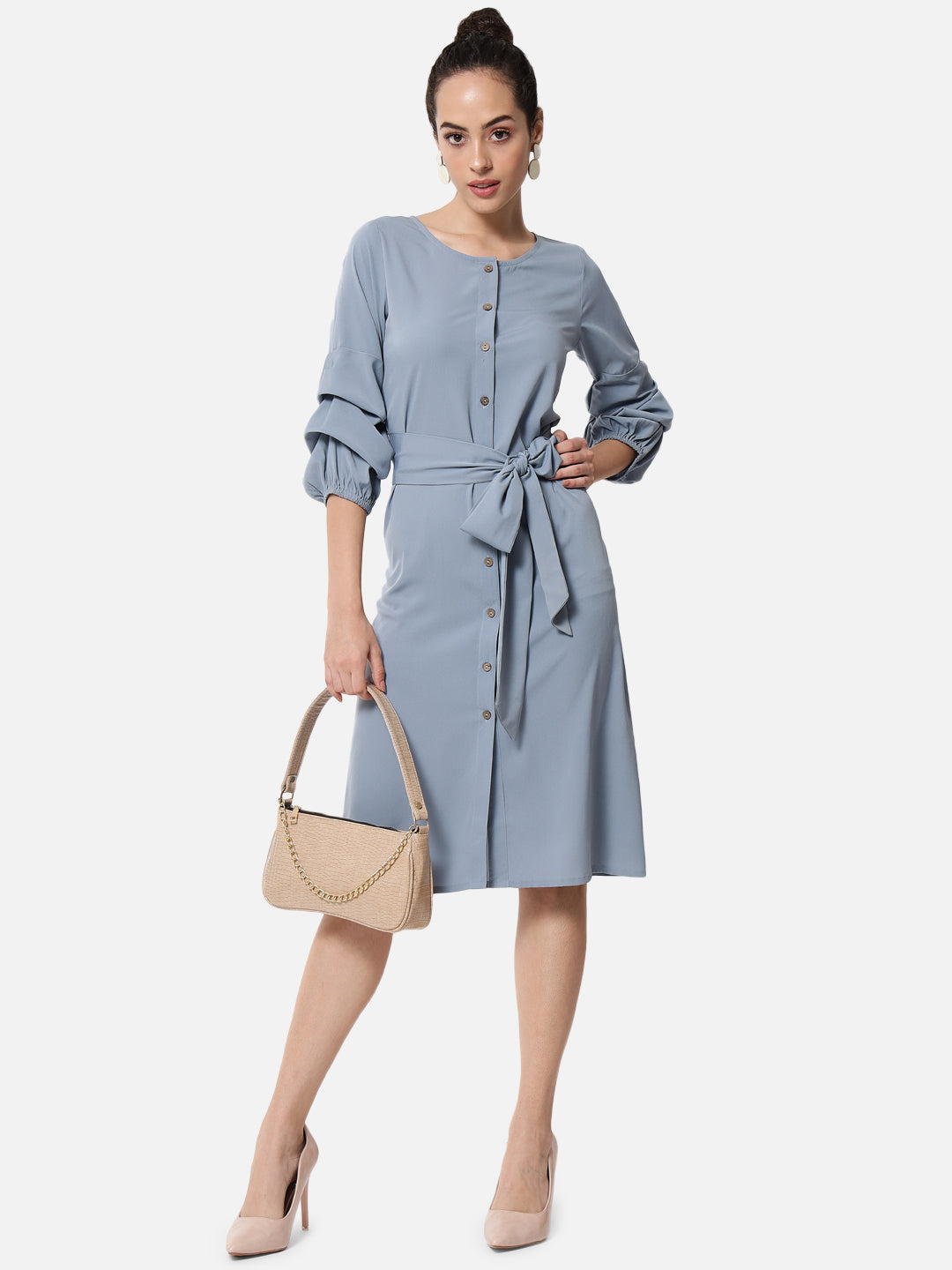 Solid Light Blue Knee Length Dress for Women