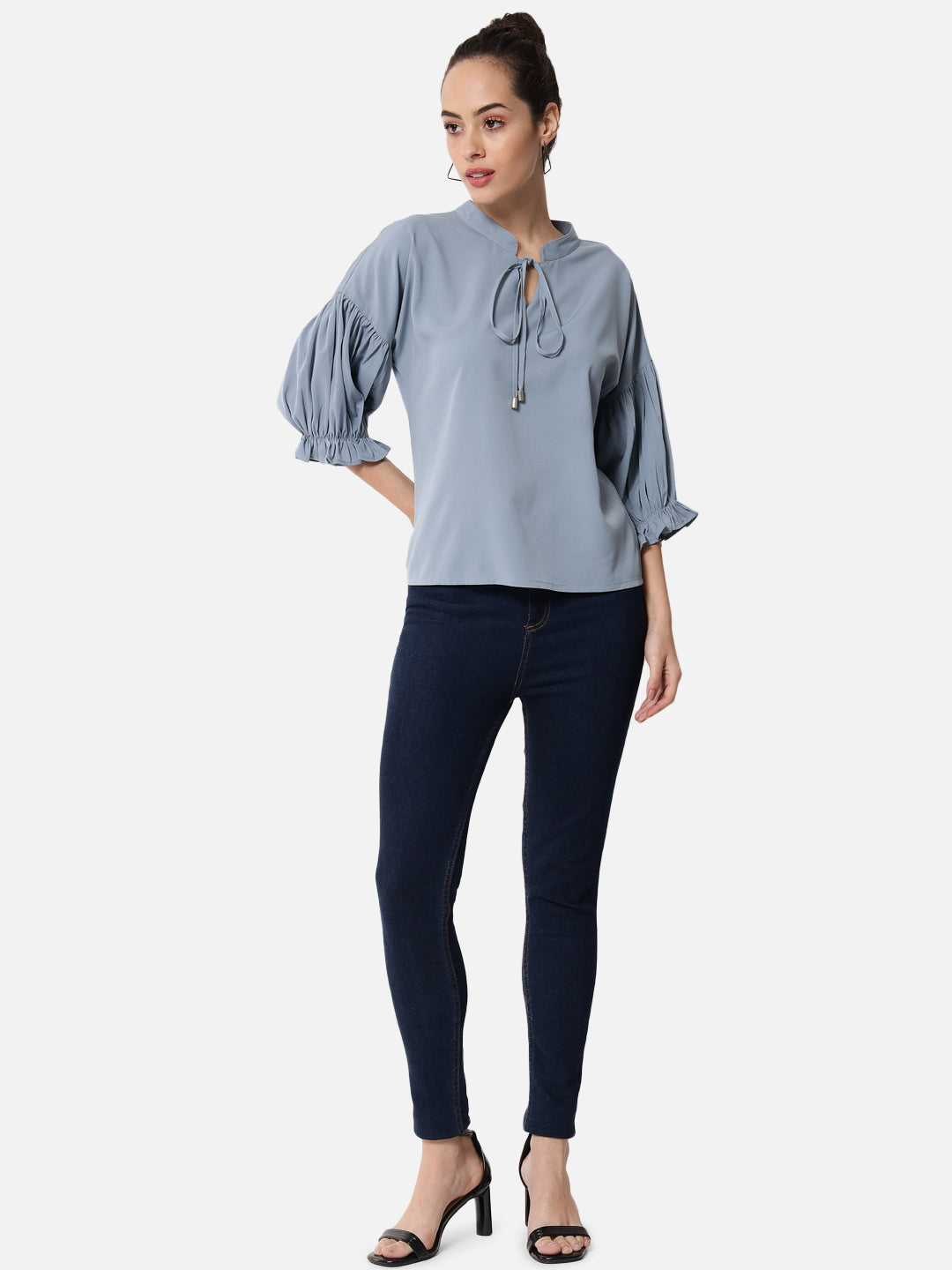 Light Blue Solid Tie-up Neck Top for Women