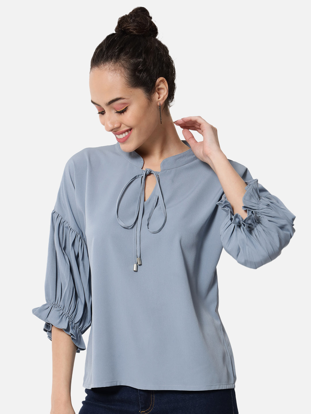 Light Blue Solid Tie-up Neck Top for Women