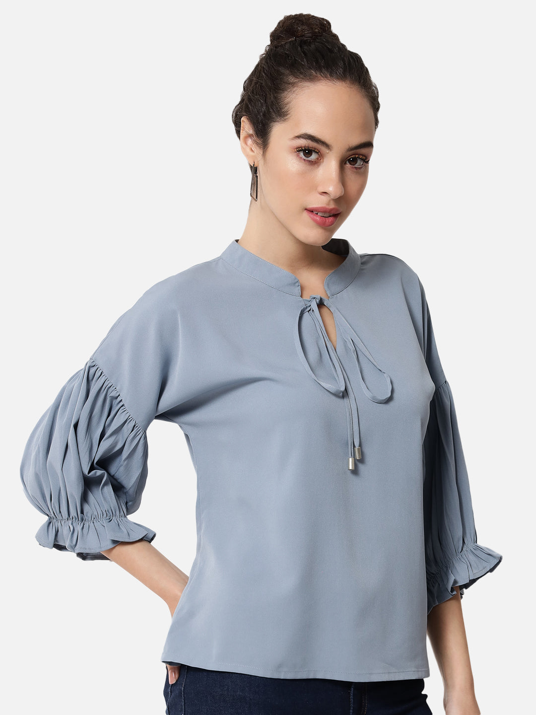 Light Blue Solid Tie-up Neck Top for Women