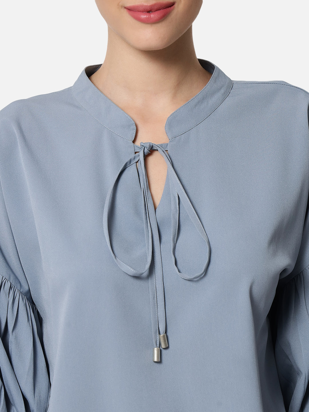 Light Blue Solid Tie-up Neck Top for Women