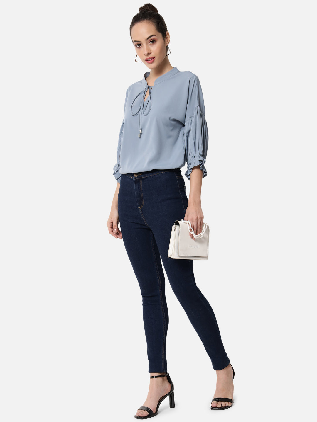 Light Blue Solid Tie-up Neck Top for Women