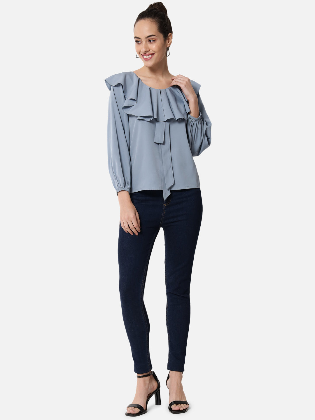 Blue Solid Round Neck Top for Women