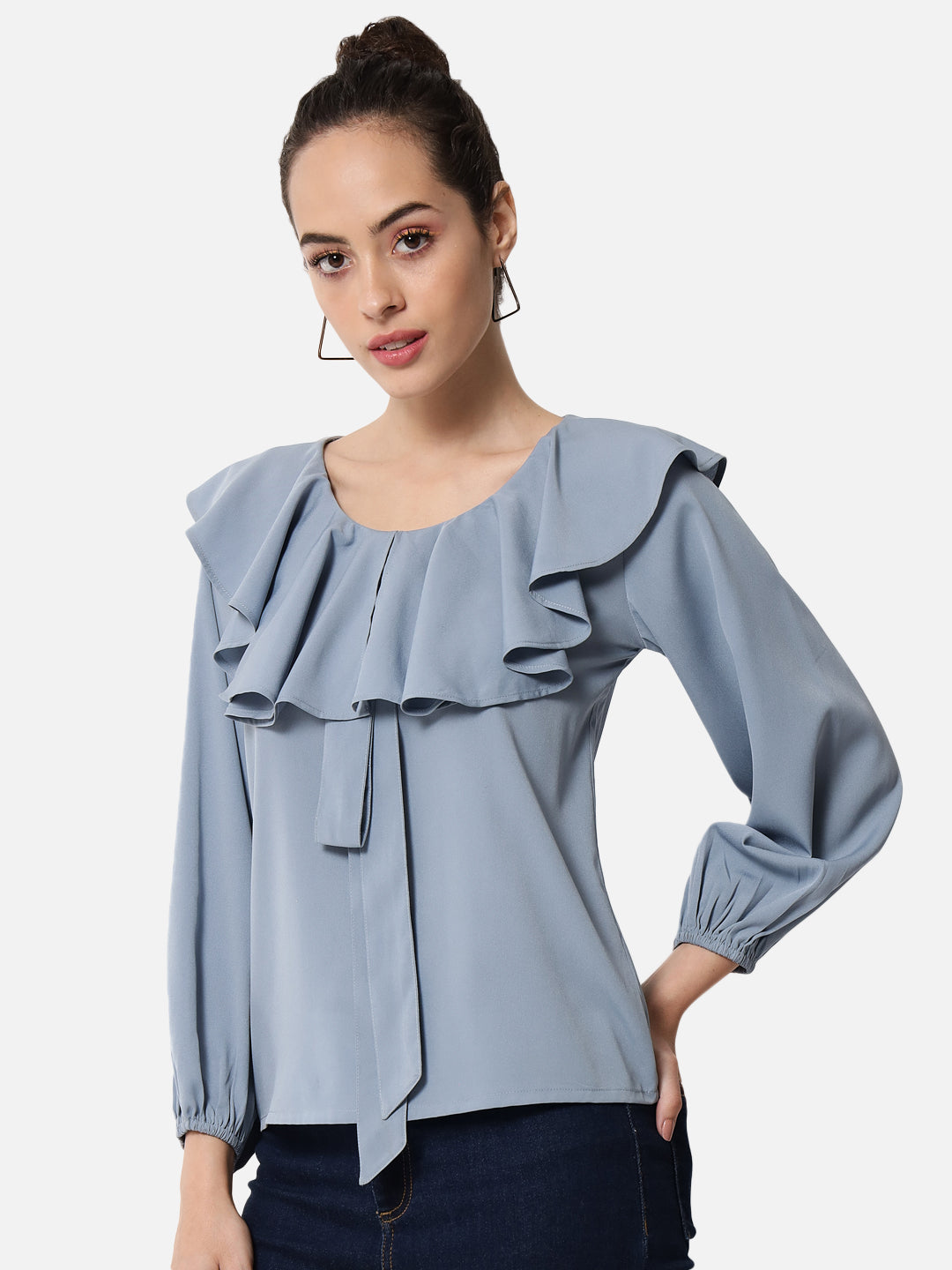 Blue Solid Round Neck Top for Women