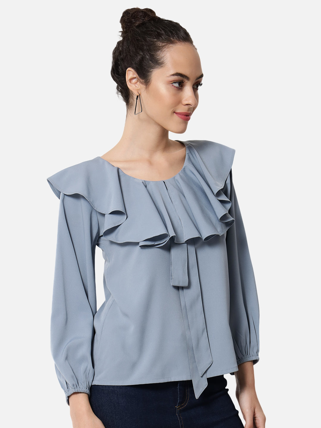Blue Solid Round Neck Top for Women