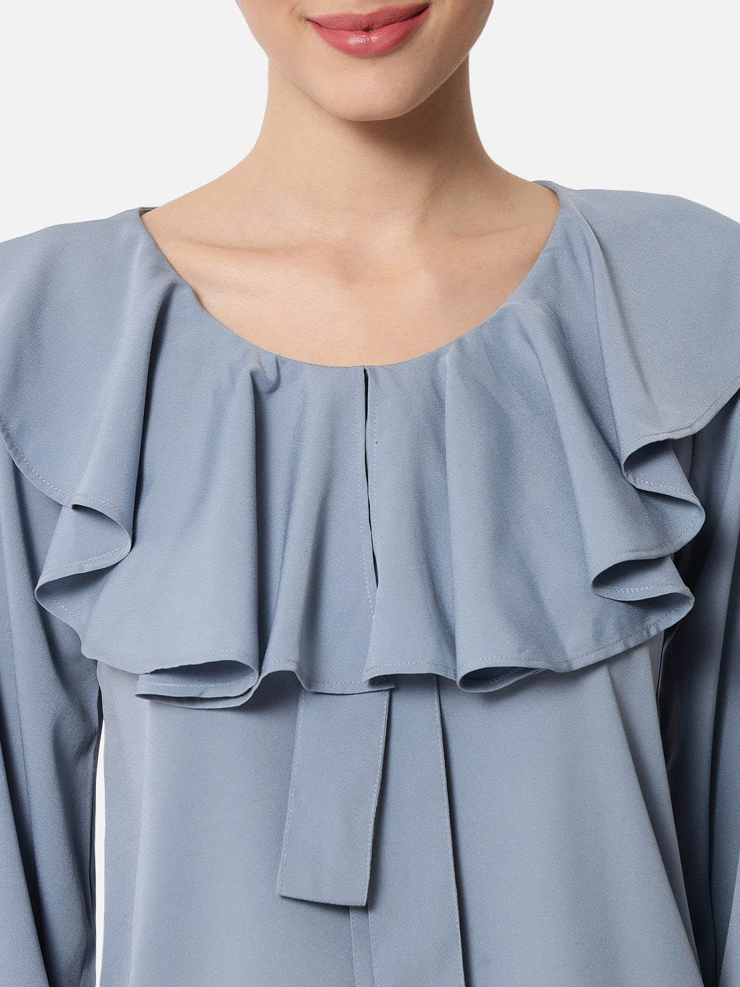 Blue Solid Round Neck Top for Women