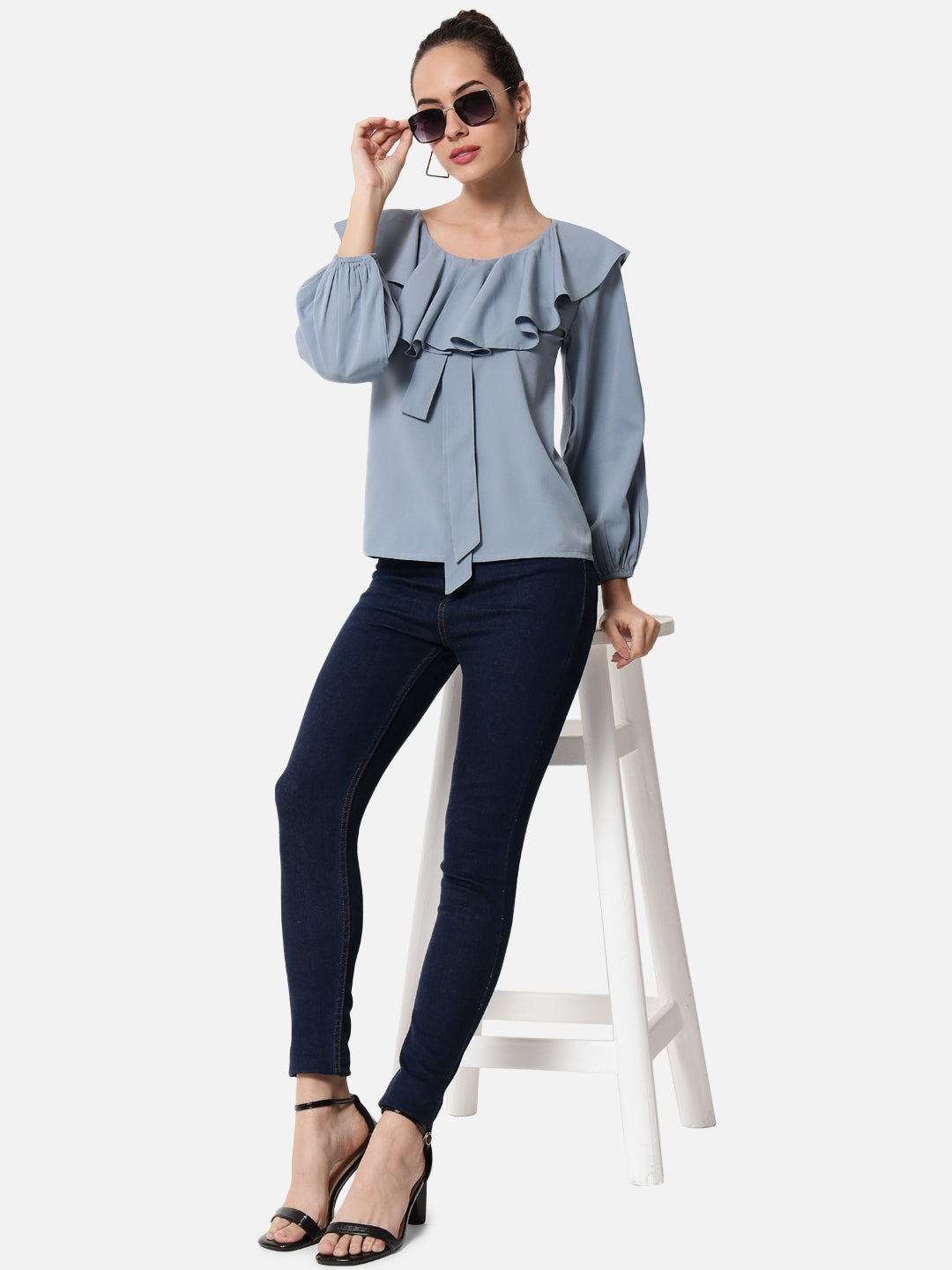 Blue Solid Round Neck Top for Women