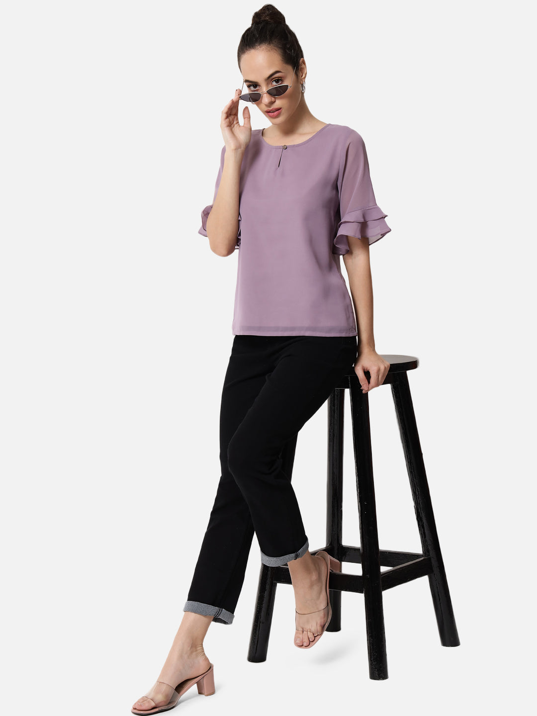 Solid Purple Keyhole Neck Top for Women