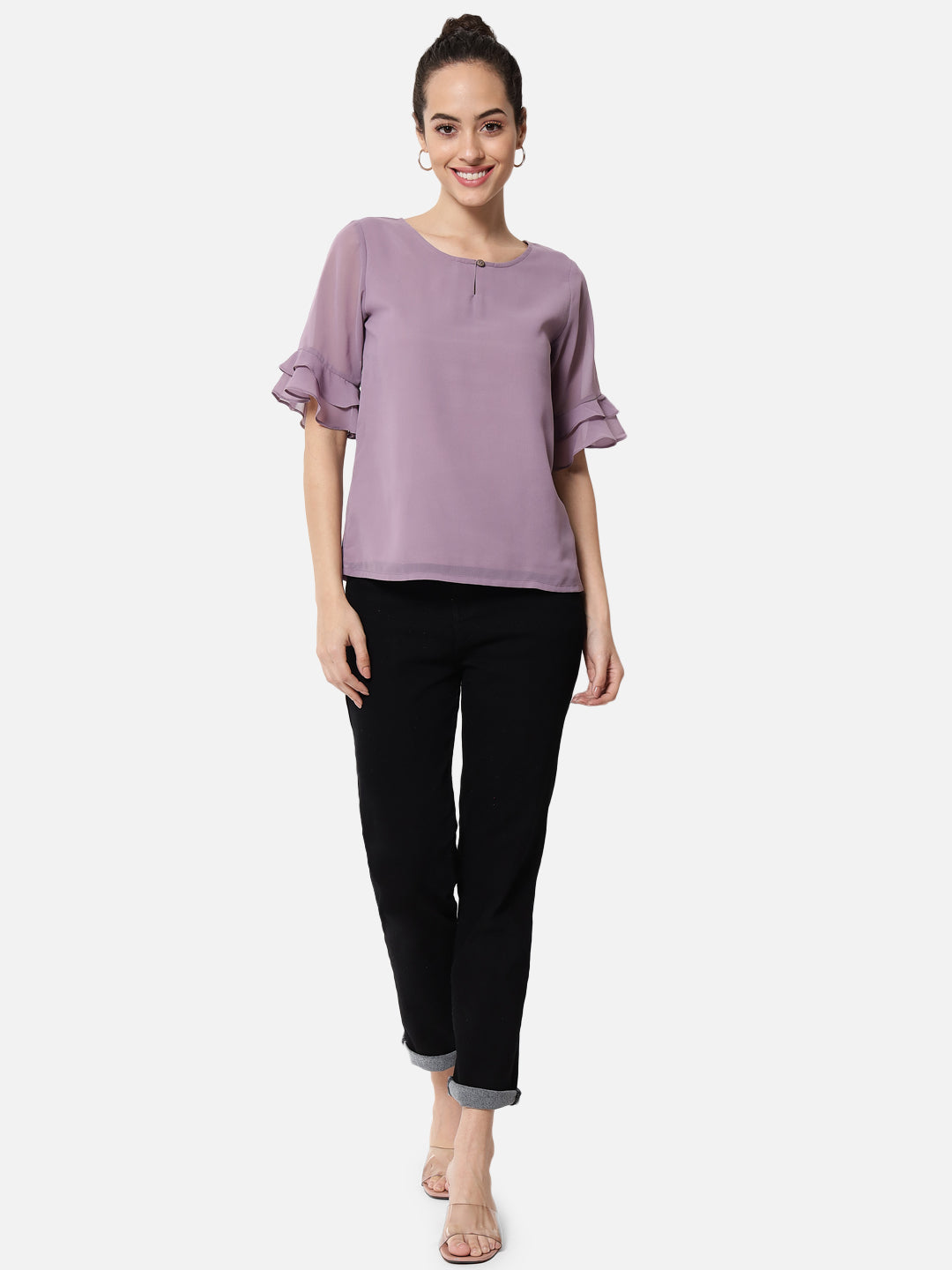 Solid Purple Keyhole Neck Top for Women