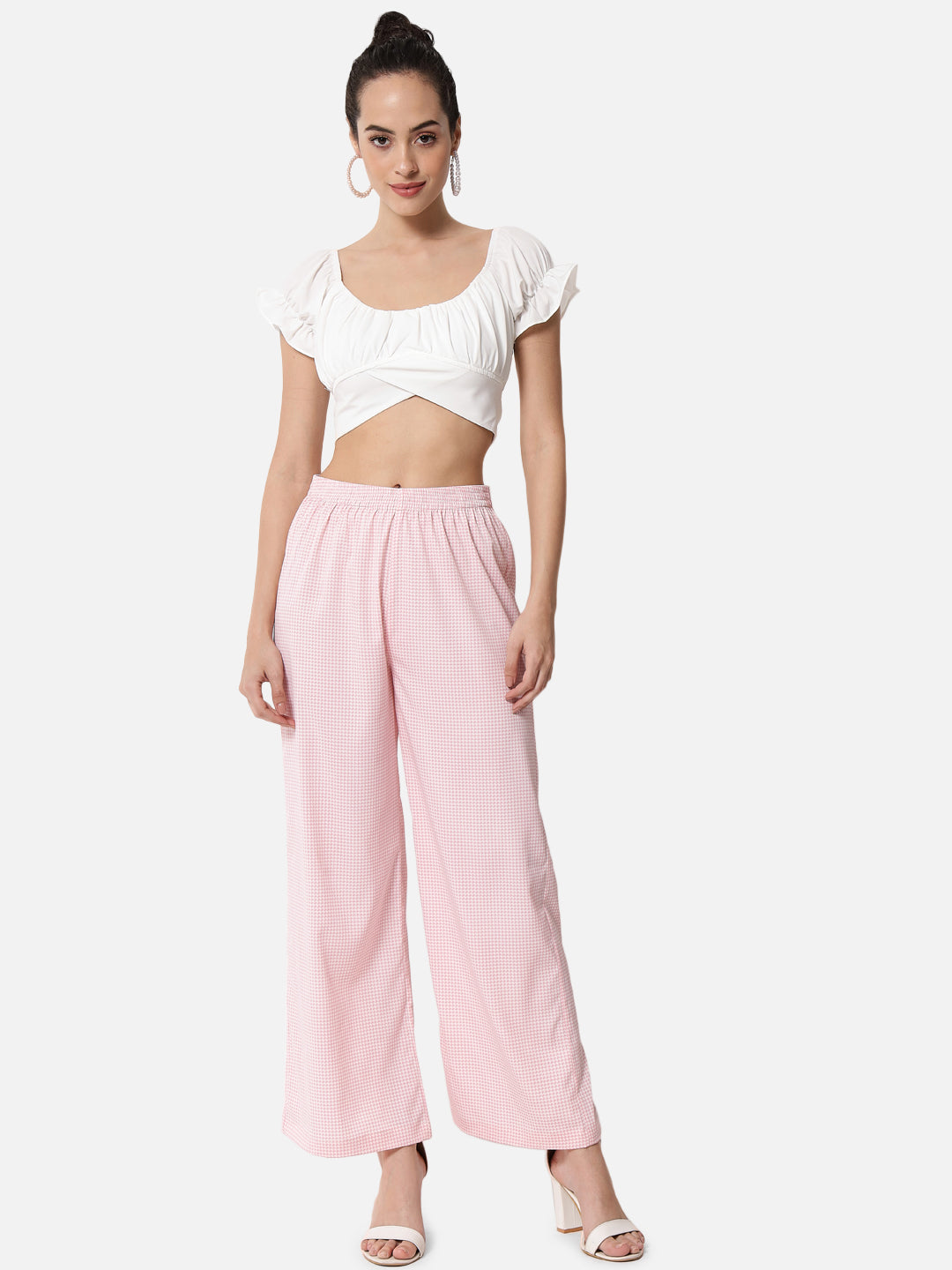 Pink Houndstooth Printed Regular Fit Straight Palazzo for Women