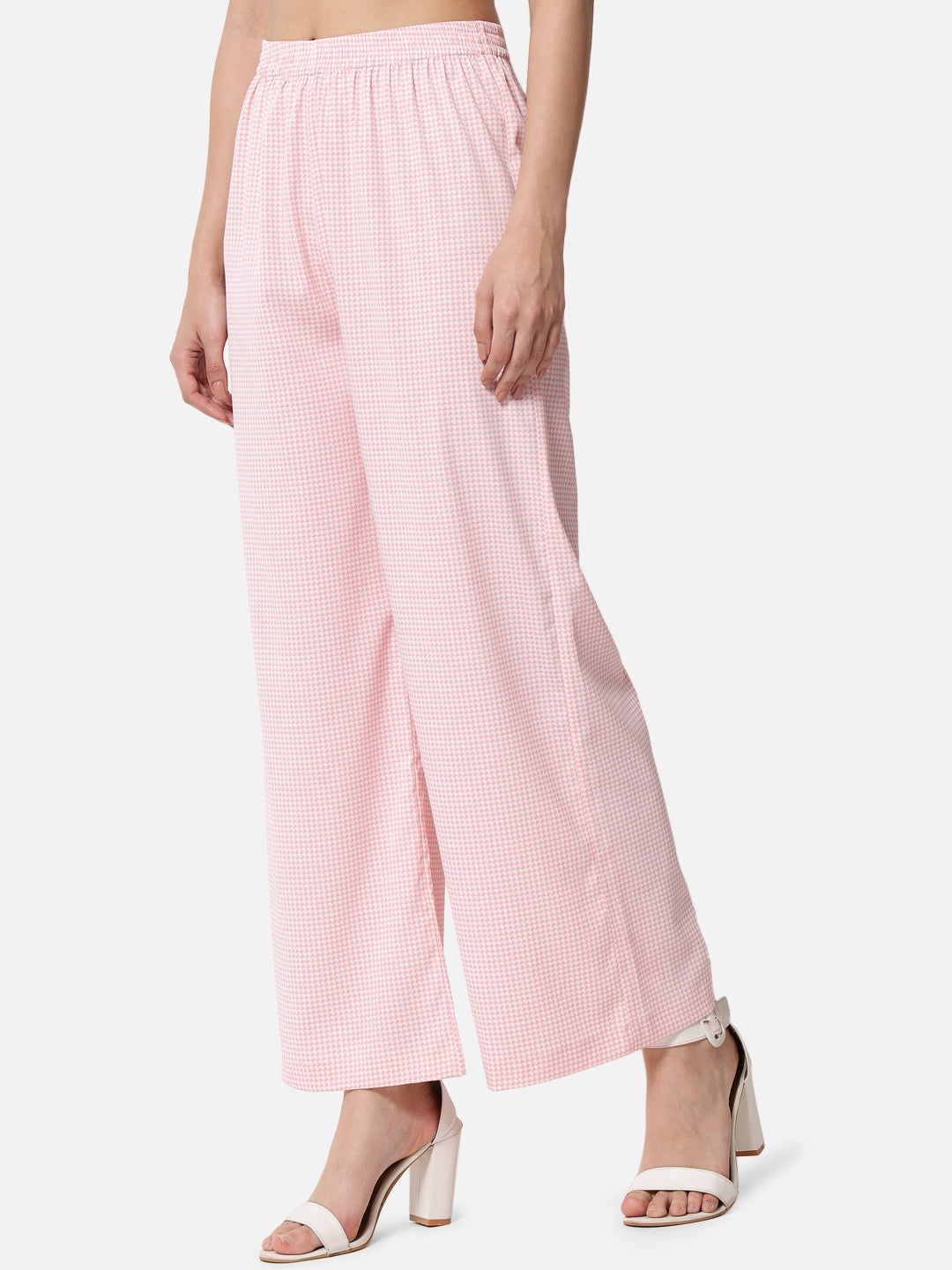 Pink Houndstooth Printed Regular Fit Straight Palazzo for Women