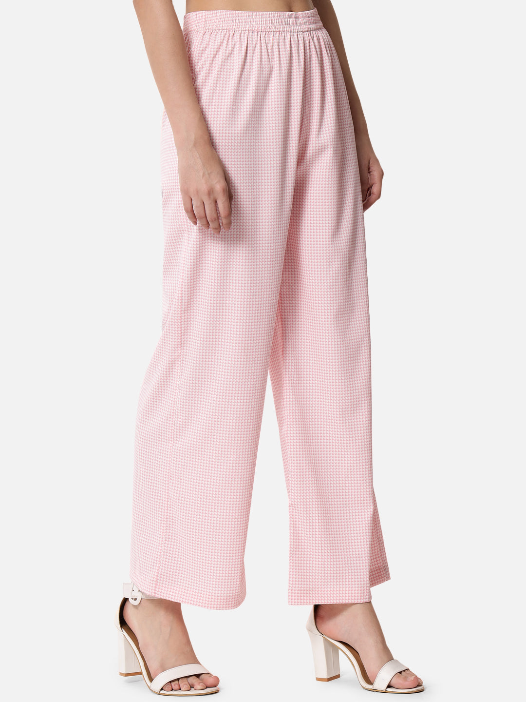 Pink Houndstooth Printed Regular Fit Straight Palazzo for Women