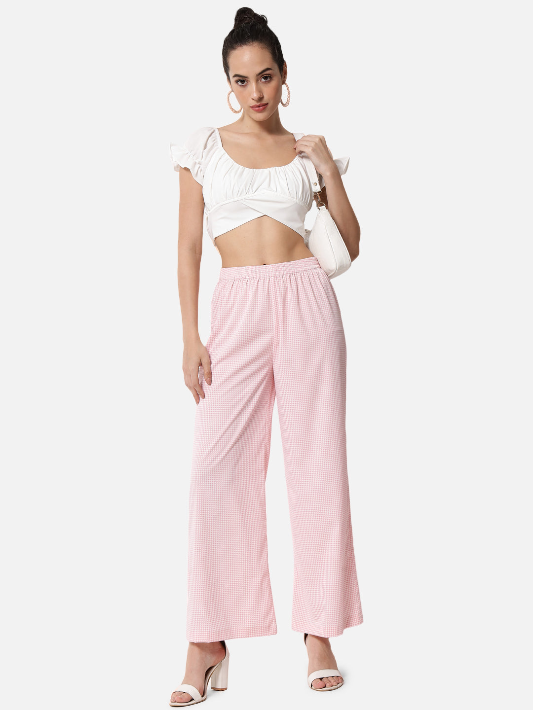 Pink Houndstooth Printed Regular Fit Straight Palazzo for Women