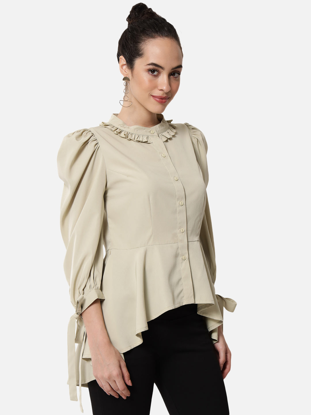 Solid Beige 3/4 Sleeve Top for Women