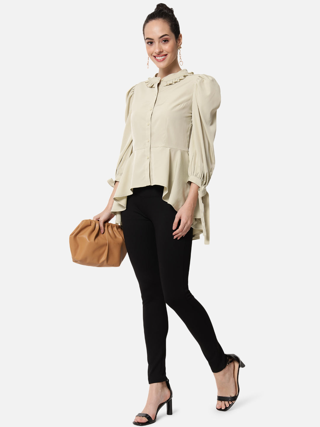 Solid Beige 3/4 Sleeve Top for Women