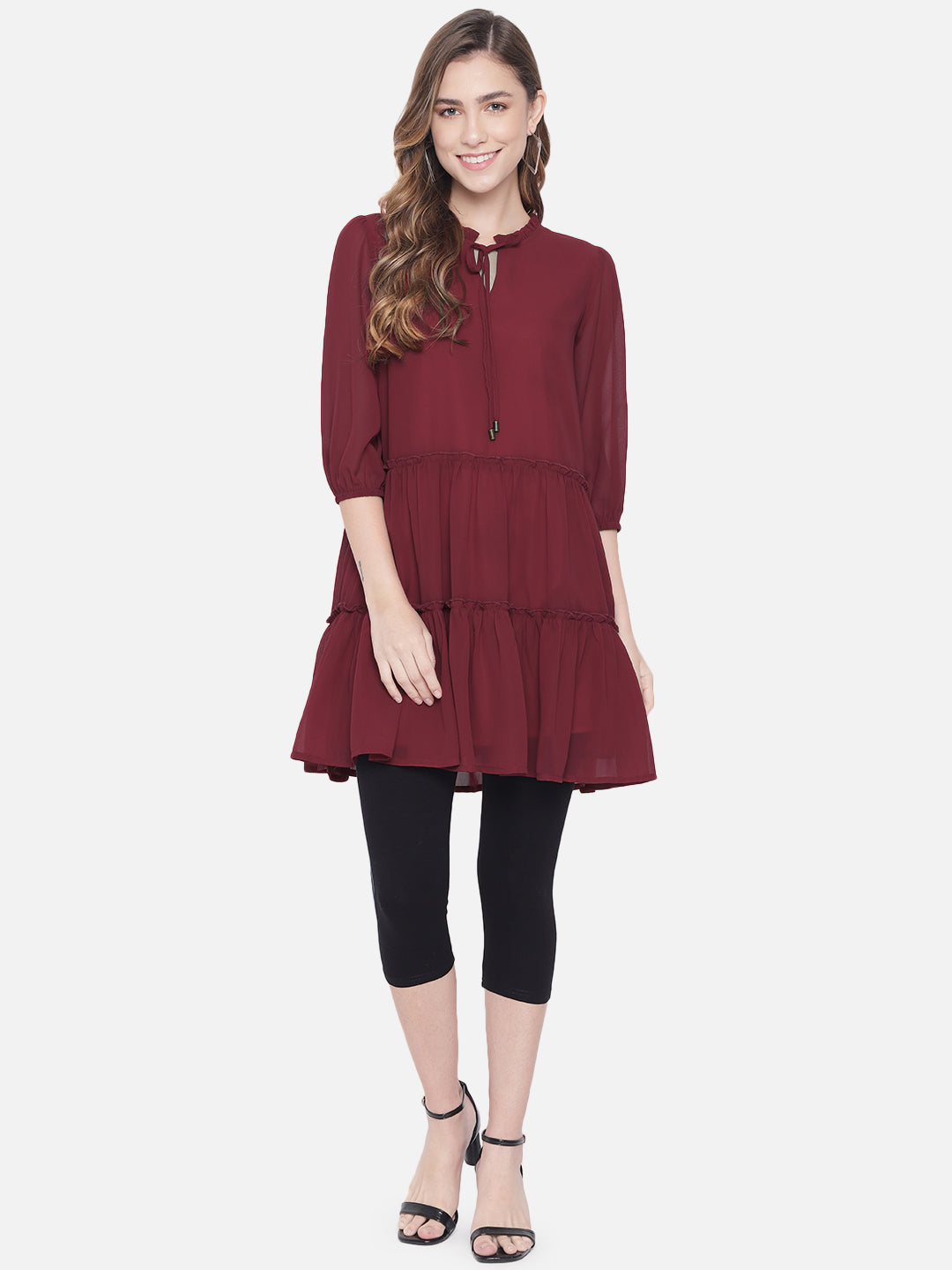 Solid Maroon Above knee Skater Dress for Women