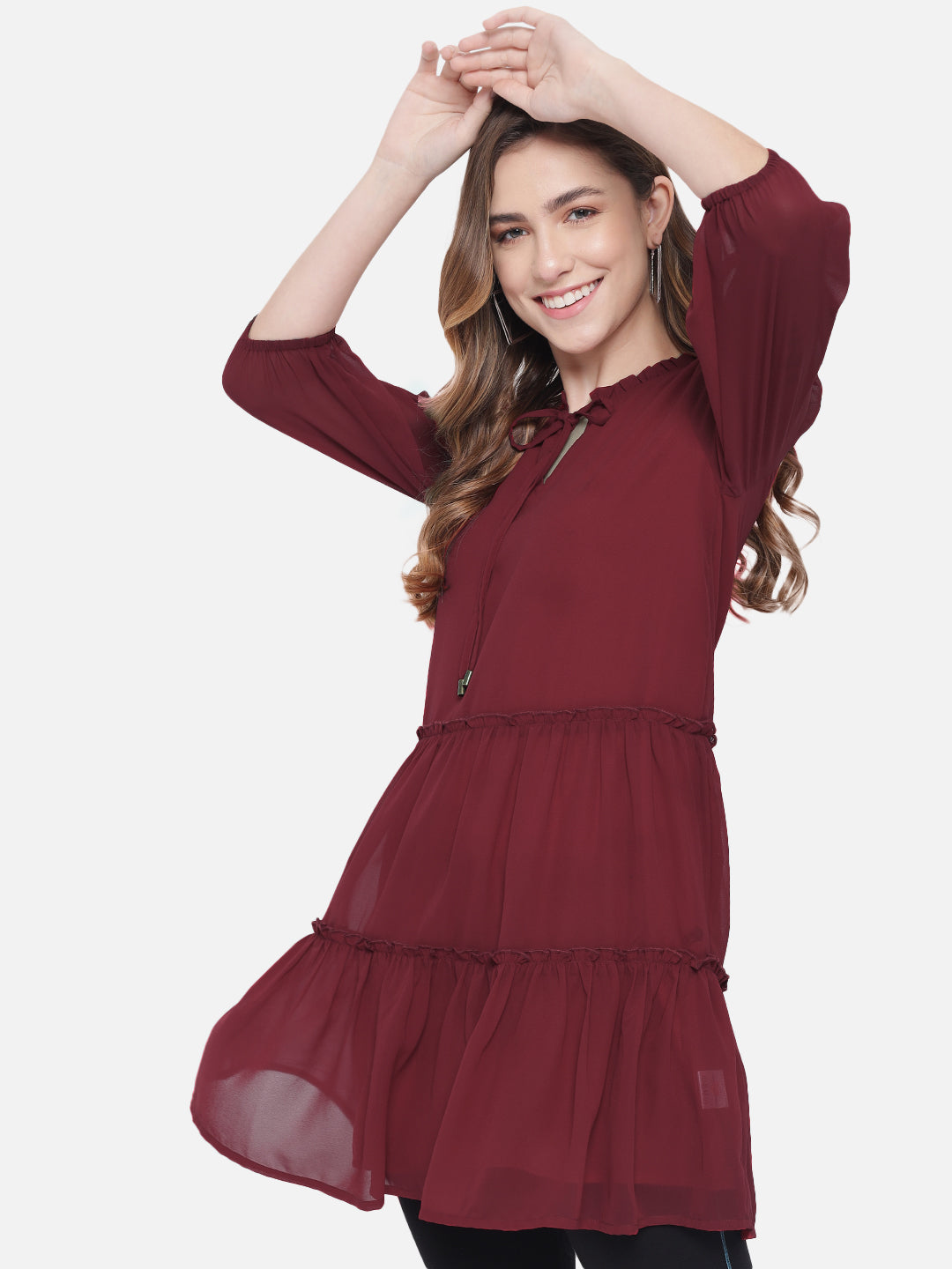 Solid Maroon Above knee Skater Dress for Women