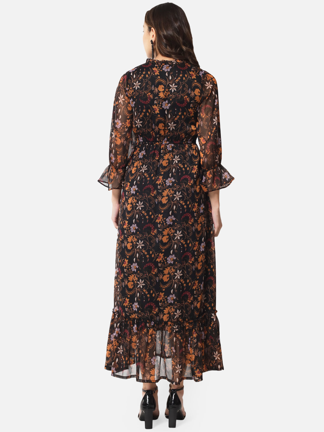 Floral Black Tie-Up Neck Ankle Length Dress for Women