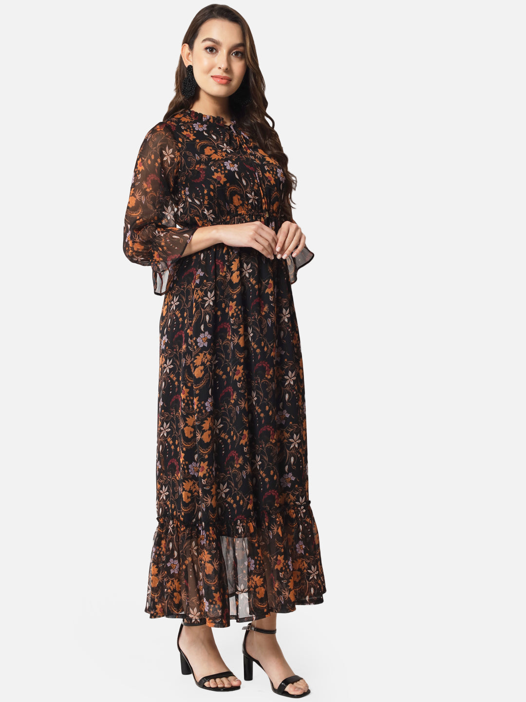 Floral Black Tie-Up Neck Ankle Length Dress for Women