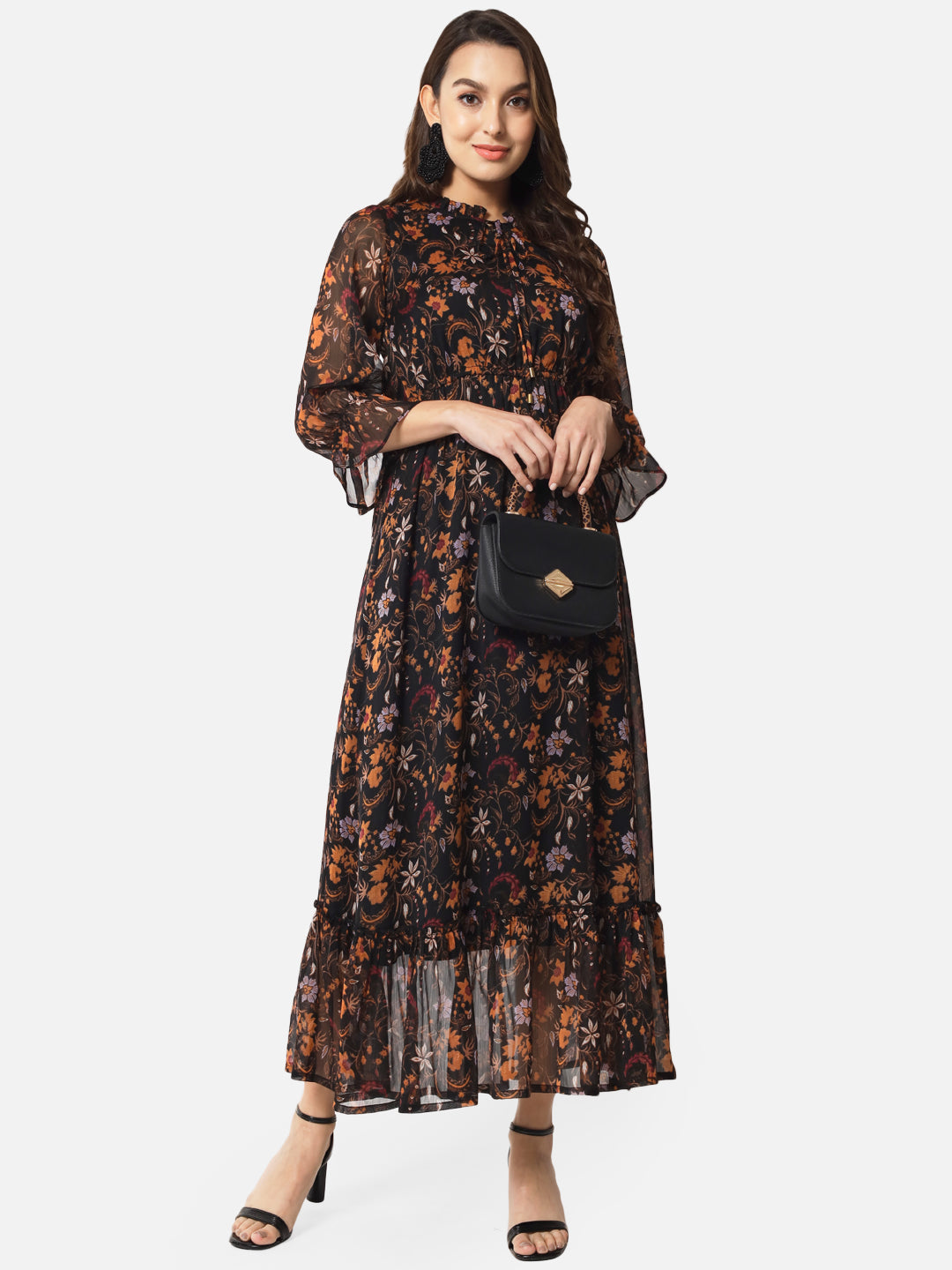 Floral Black Tie-Up Neck Ankle Length Dress for Women