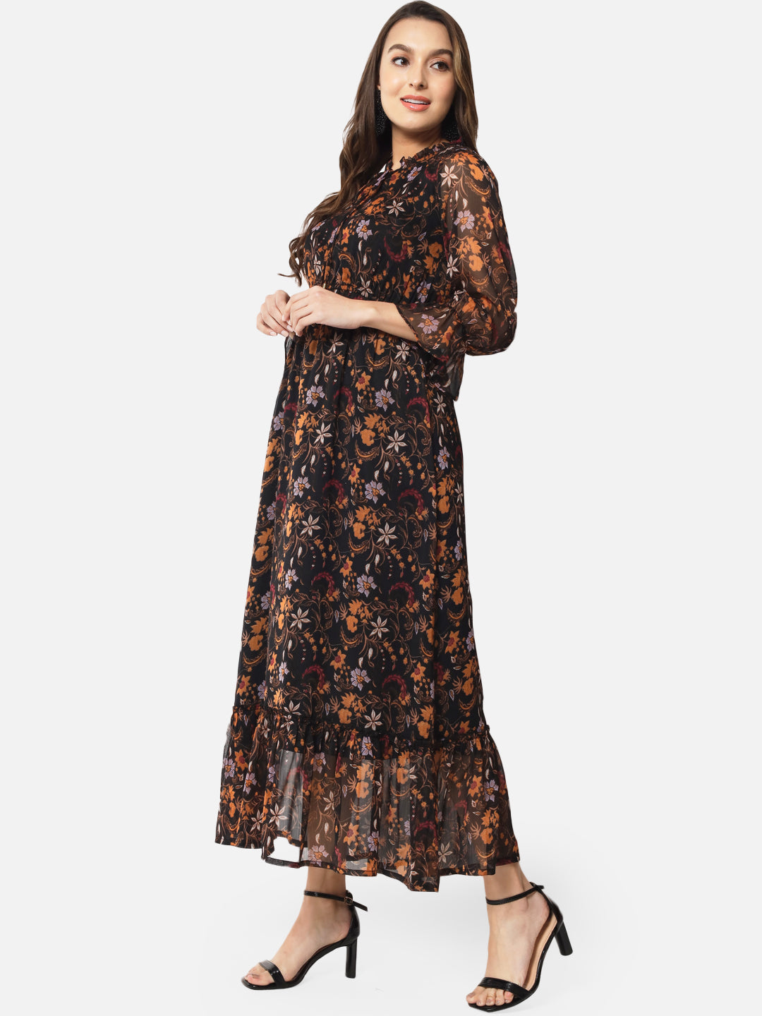 Floral Black Tie-Up Neck Ankle Length Dress for Women