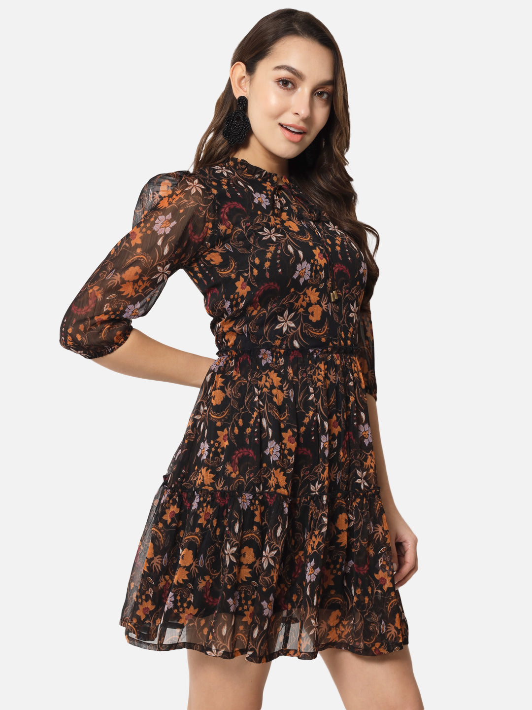 Floral Black Above Knee Skater Dress for Women