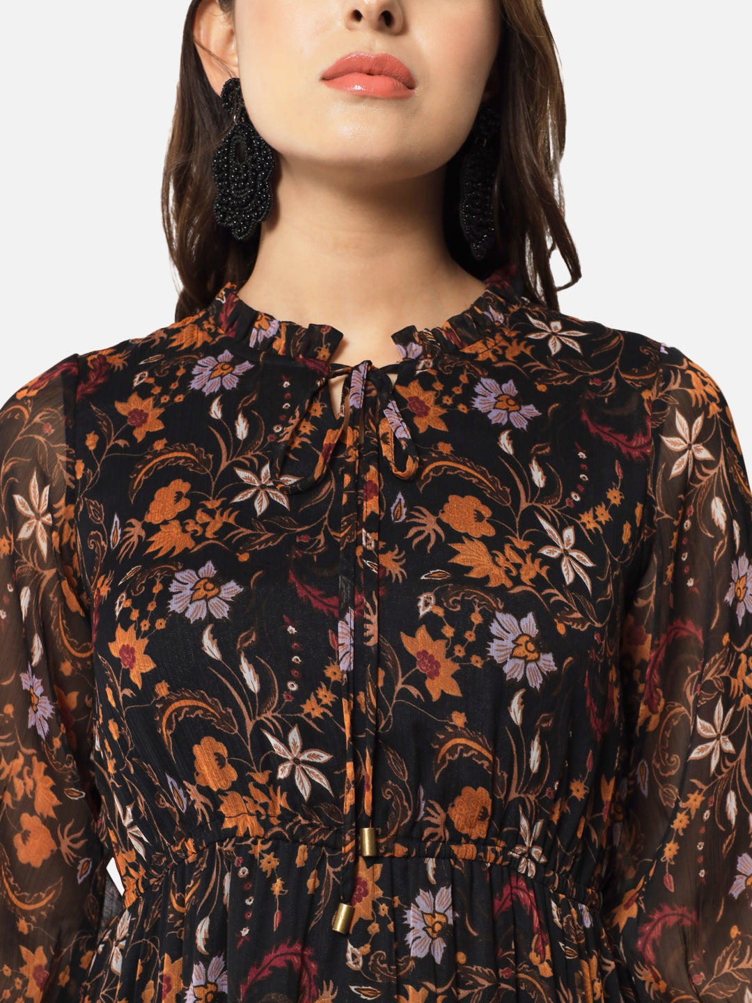 Floral Black Tie-Up Neck Ankle Length Dress for Women