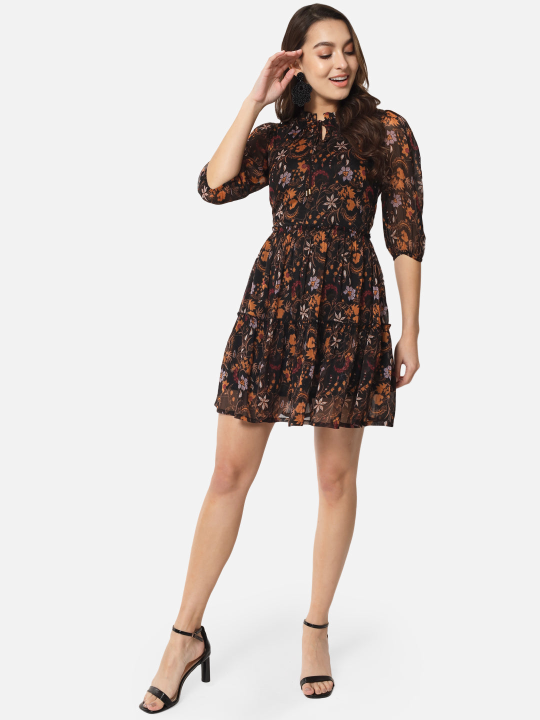 Floral Black Above Knee Skater Dress for Women