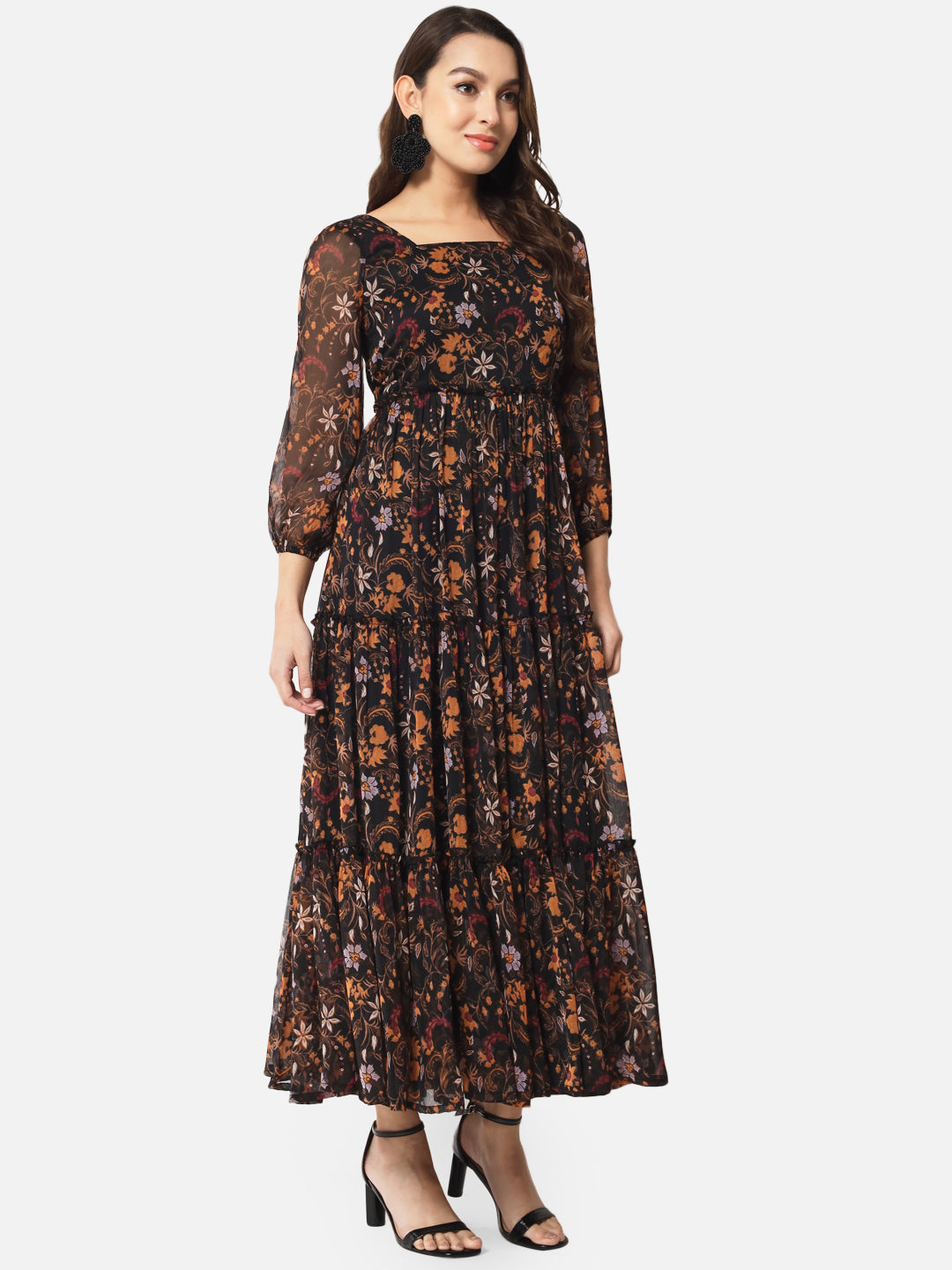 Floral Black Ankle Length Dress for Women