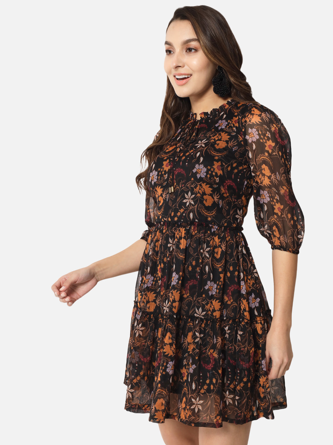 Floral Black Above Knee Skater Dress for Women