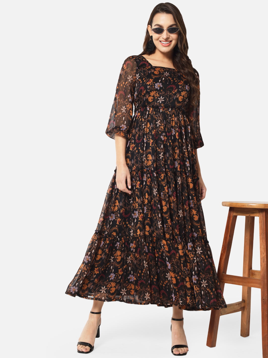 Floral Black Ankle Length Dress for Women