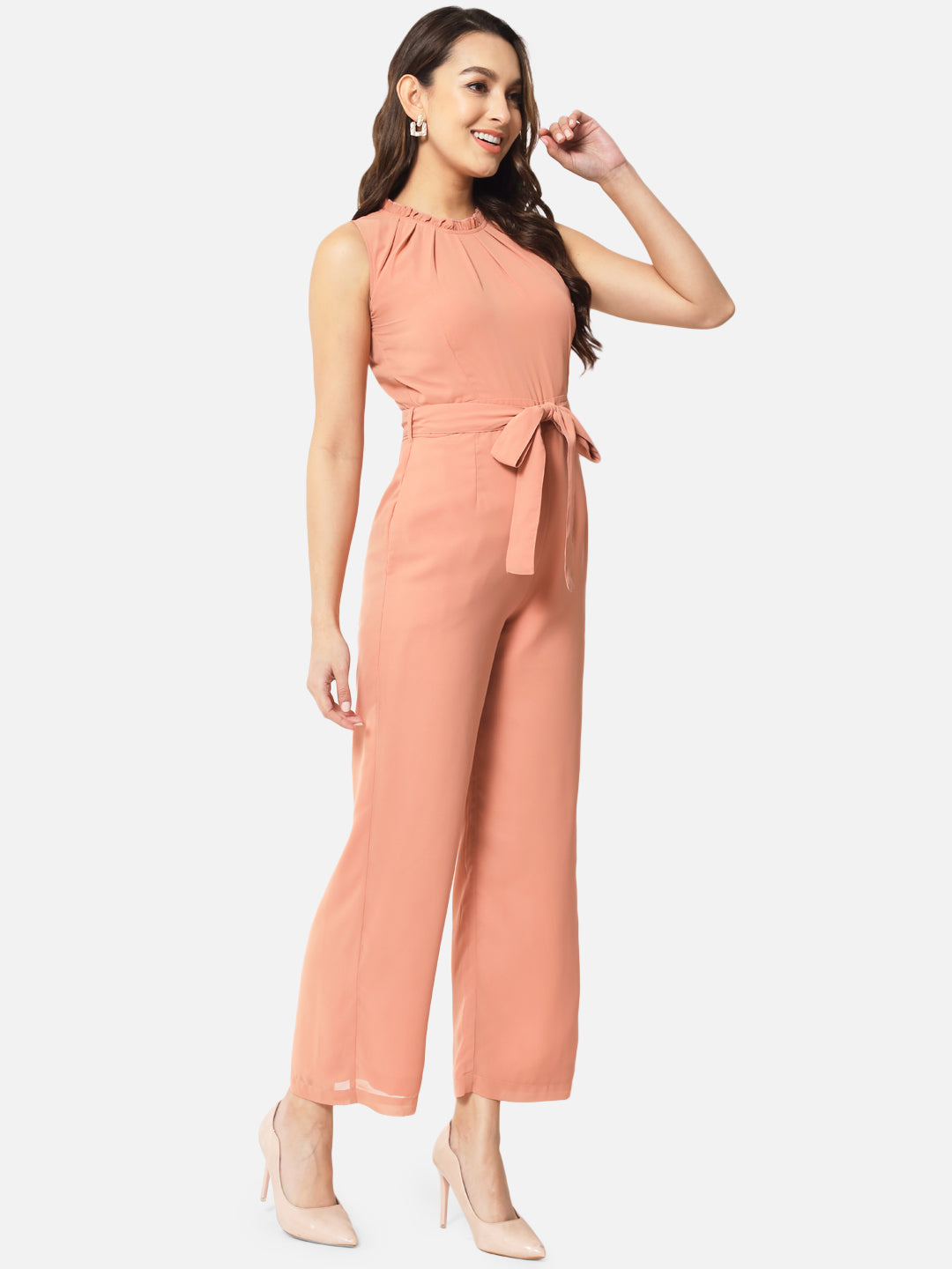 Solid Peach Sleeveless Jumpsuit for Women