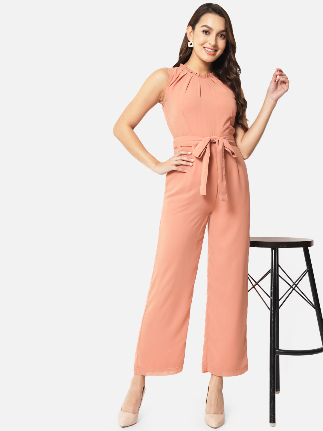 Solid Peach Sleeveless Jumpsuit for Women