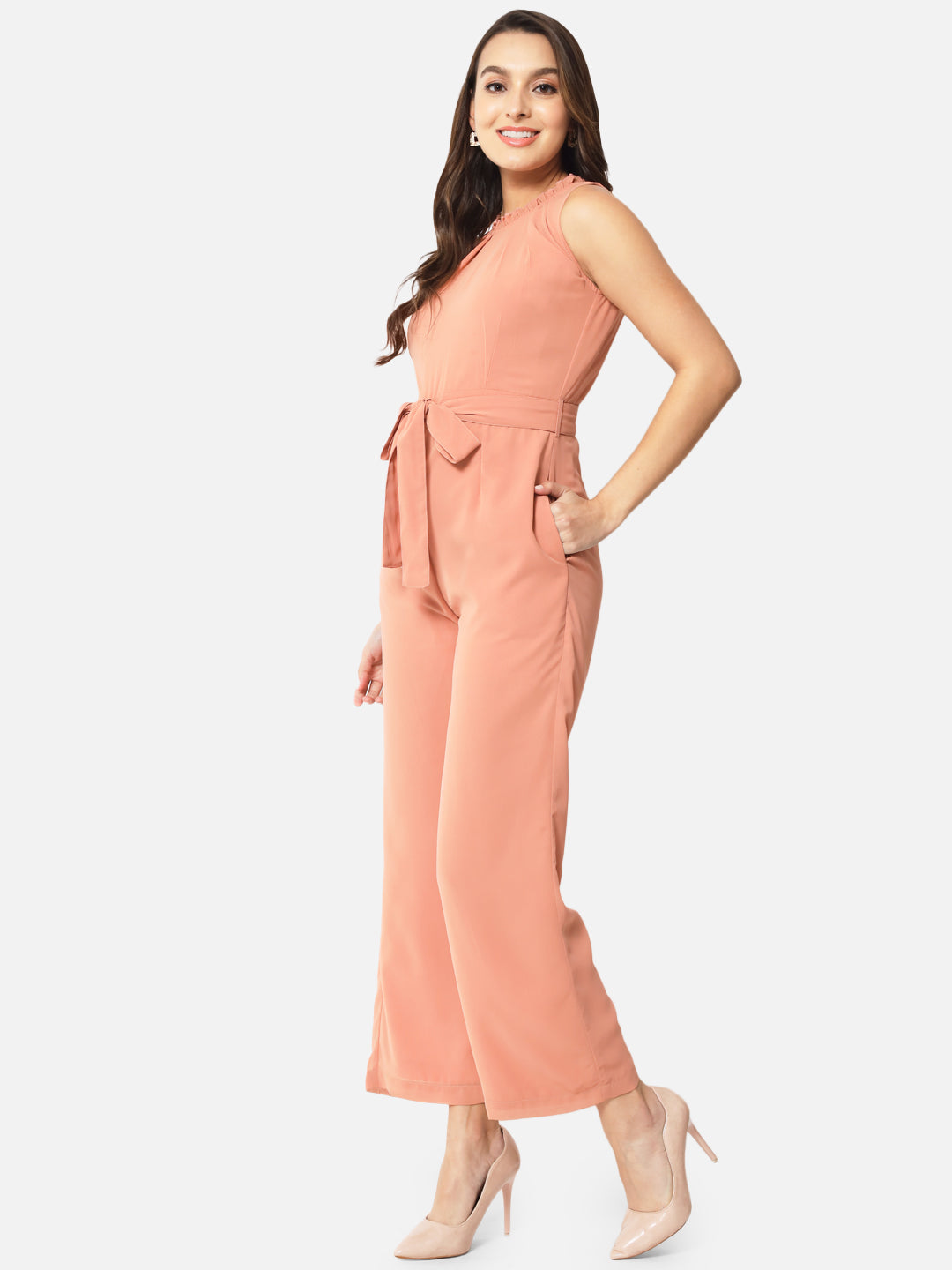 Solid Peach Sleeveless Jumpsuit for Women