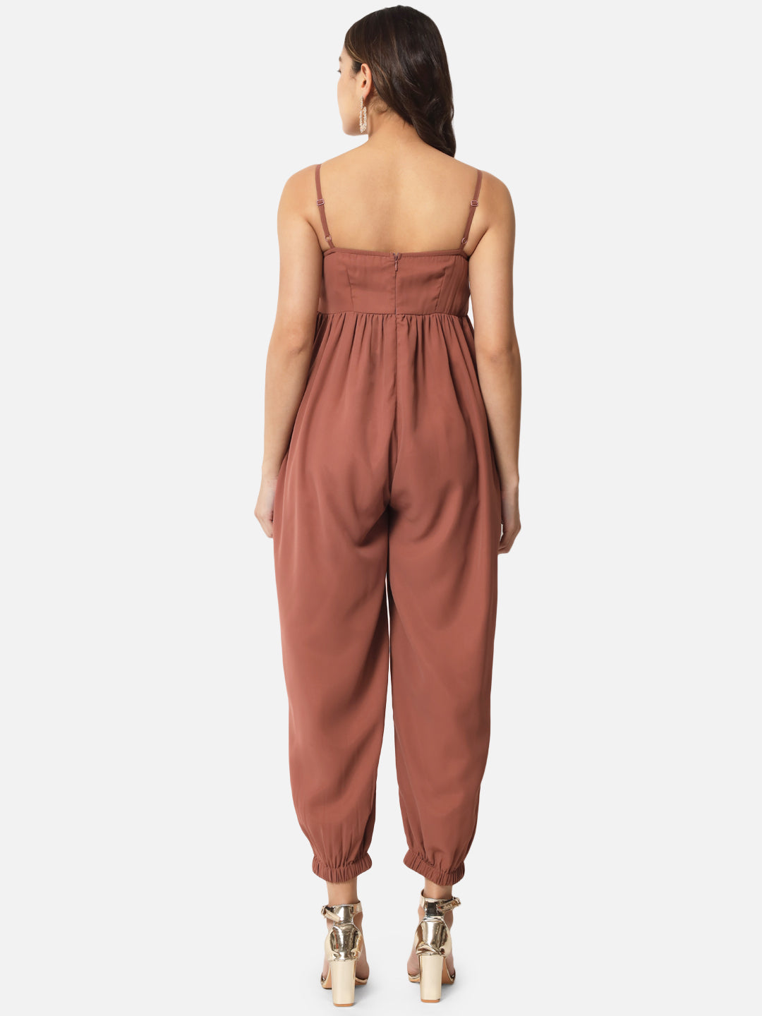 Embellished Brown Sleeveless Jumpsuit for Women