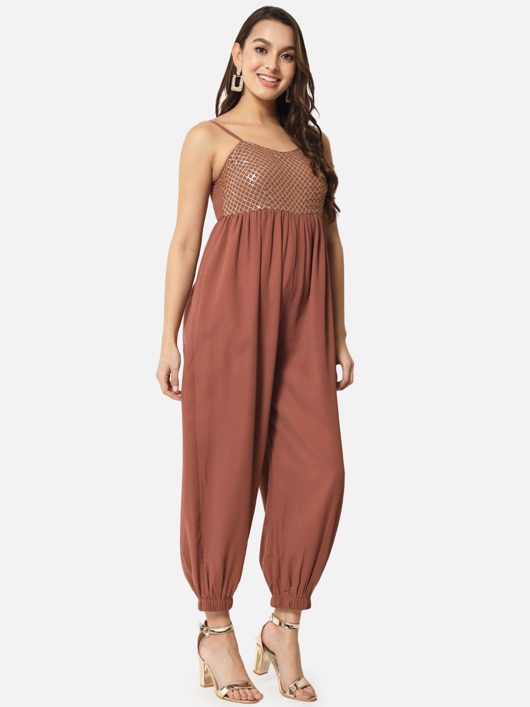 Embellished Brown Sleeveless Jumpsuit for Women