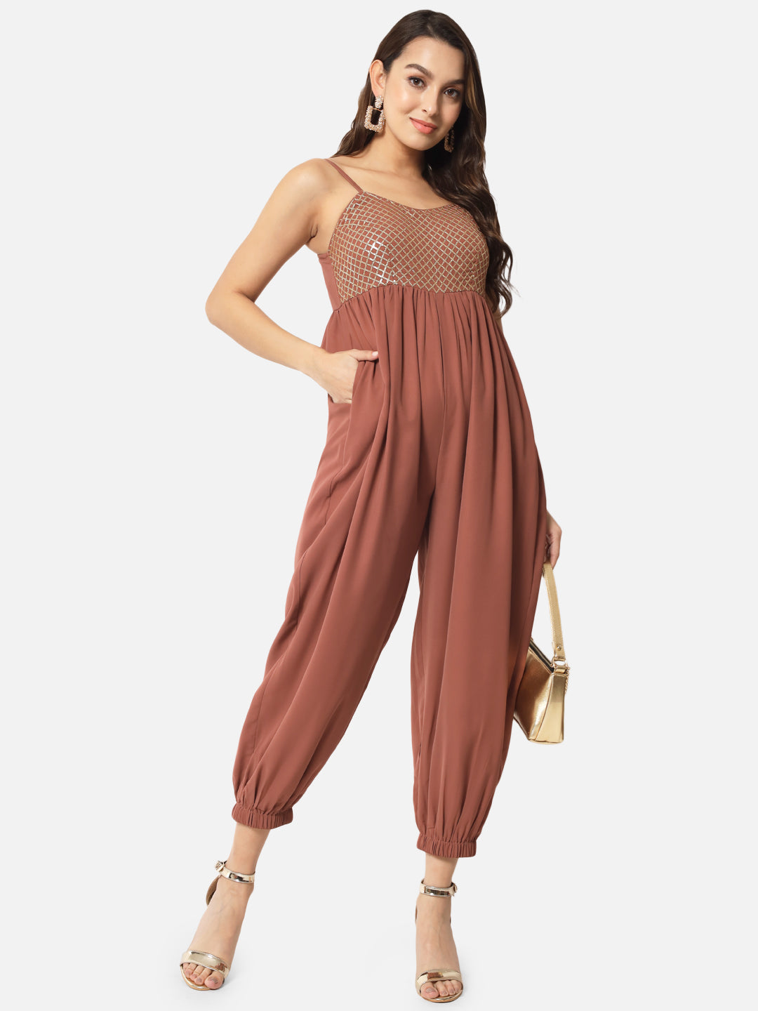 Embellished Brown Sleeveless Jumpsuit for Women