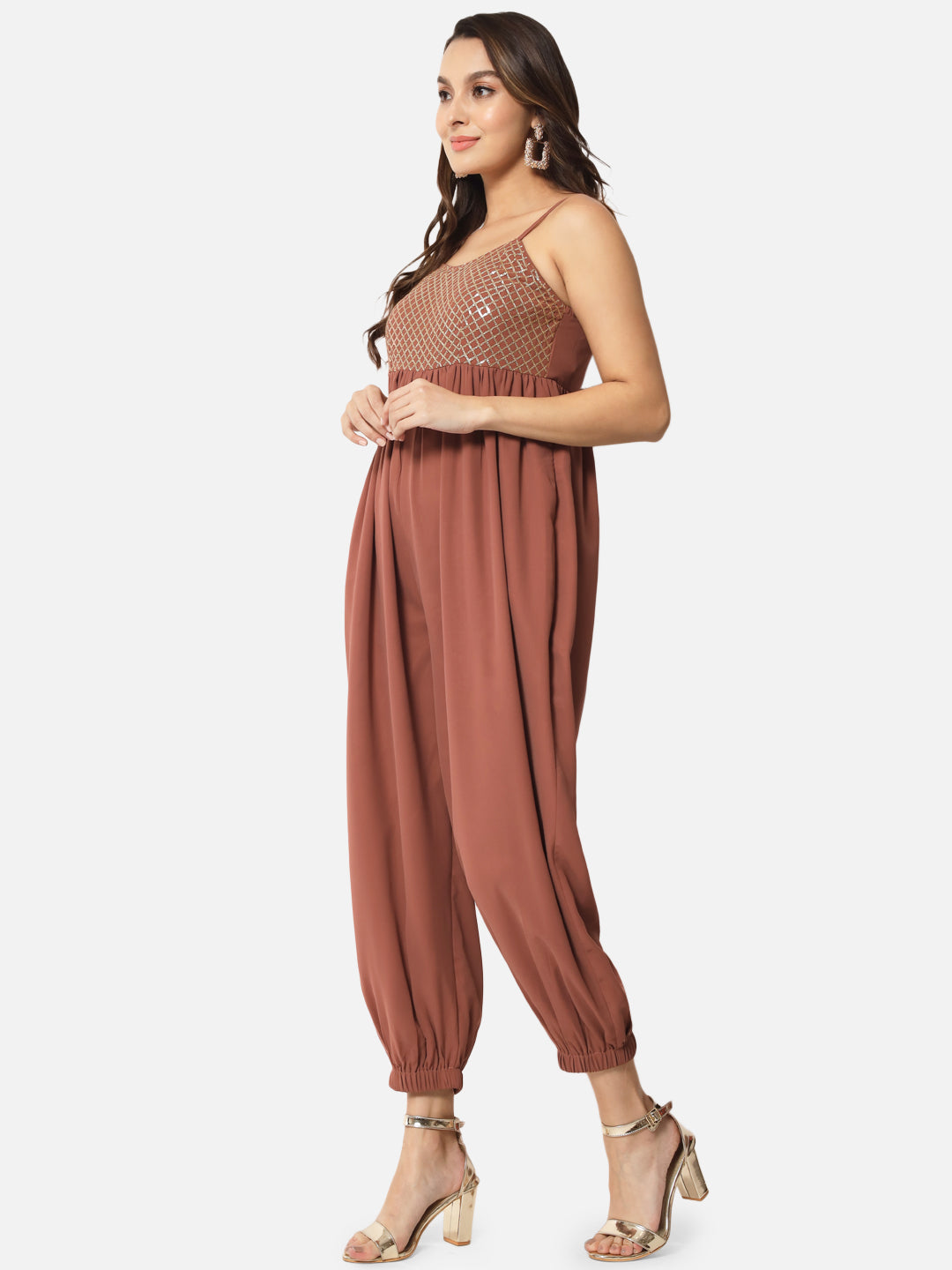 Embellished Brown Sleeveless Jumpsuit for Women